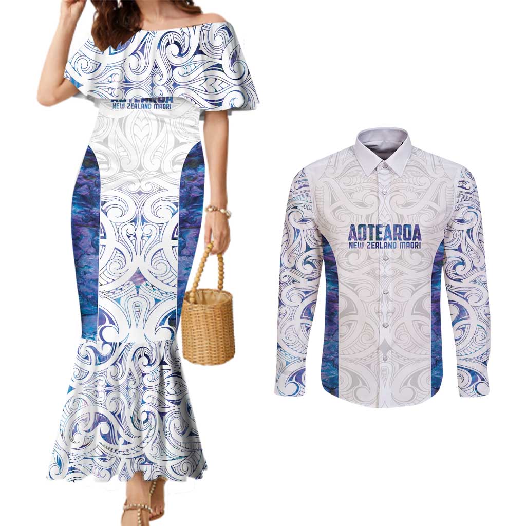 Custom New Zealand Aotearoa Couples Matching Mermaid Dress and Long Sleeve Button Shirt Purple Maori Paua Shell Indigenous - Polynesian Pride