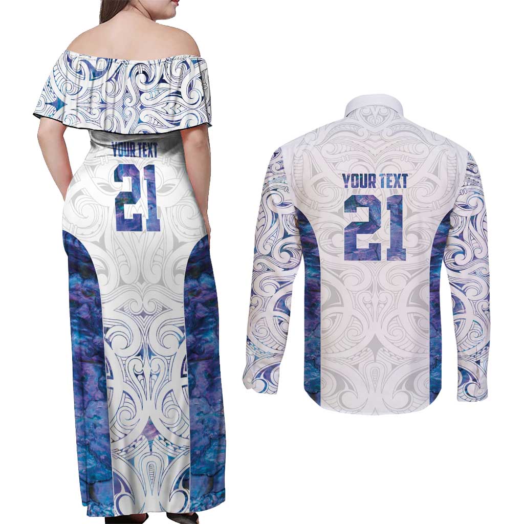 Custom New Zealand Aotearoa Couples Matching Off Shoulder Maxi Dress and Long Sleeve Button Shirt Purple Maori Paua Shell Indigenous LT9 - Polynesian Pride