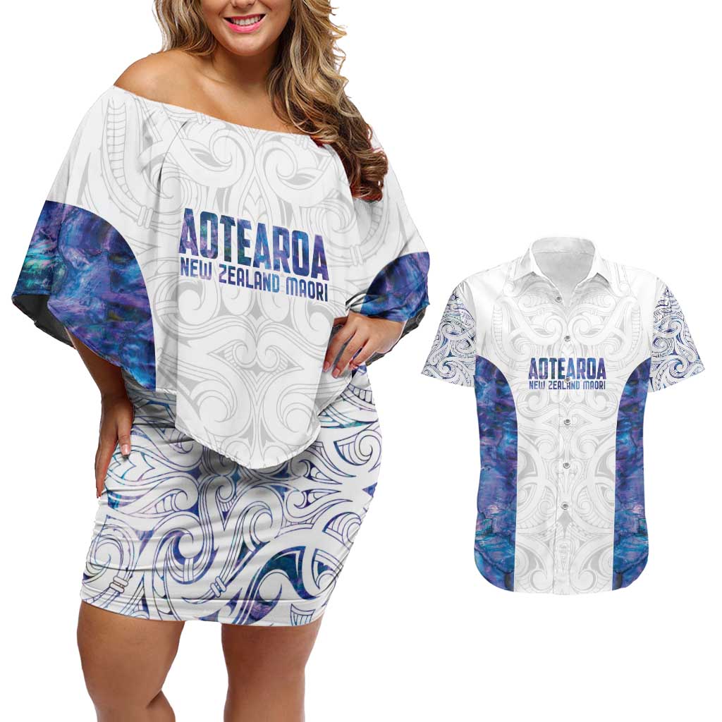 Custom New Zealand Aotearoa Couples Matching Off Shoulder Short Dress and Hawaiian Shirt Purple Maori Paua Shell Indigenous LT9 Purple - Polynesian Pride