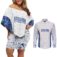 Custom New Zealand Aotearoa Couples Matching Off Shoulder Short Dress and Long Sleeve Button Shirt Purple Maori Paua Shell Indigenous LT9 Purple - Polynesian Pride
