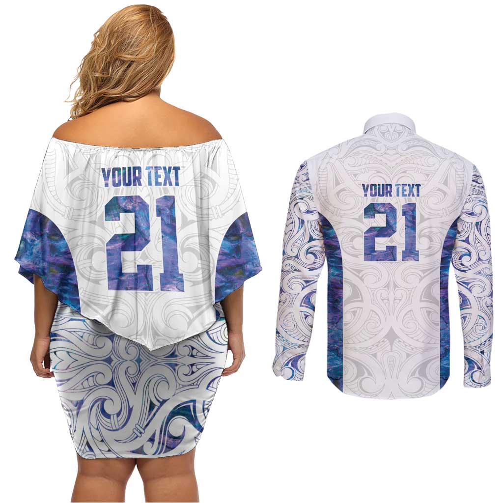 Custom New Zealand Aotearoa Couples Matching Off Shoulder Short Dress and Long Sleeve Button Shirt Purple Maori Paua Shell Indigenous LT9 - Polynesian Pride