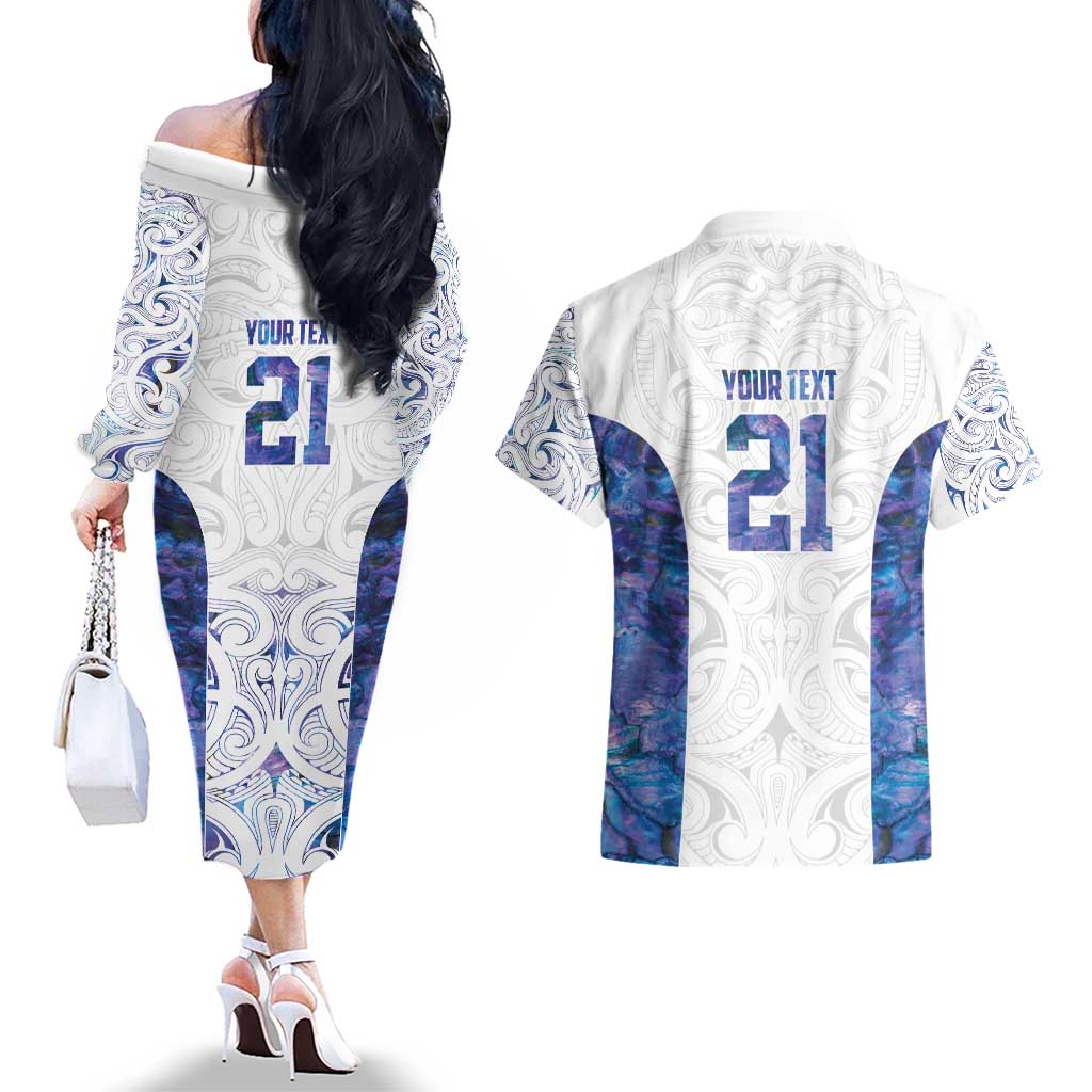 Custom New Zealand Aotearoa Couples Matching Off The Shoulder Long Sleeve Dress and Hawaiian Shirt Purple Maori Paua Shell Indigenous LT9 - Polynesian Pride