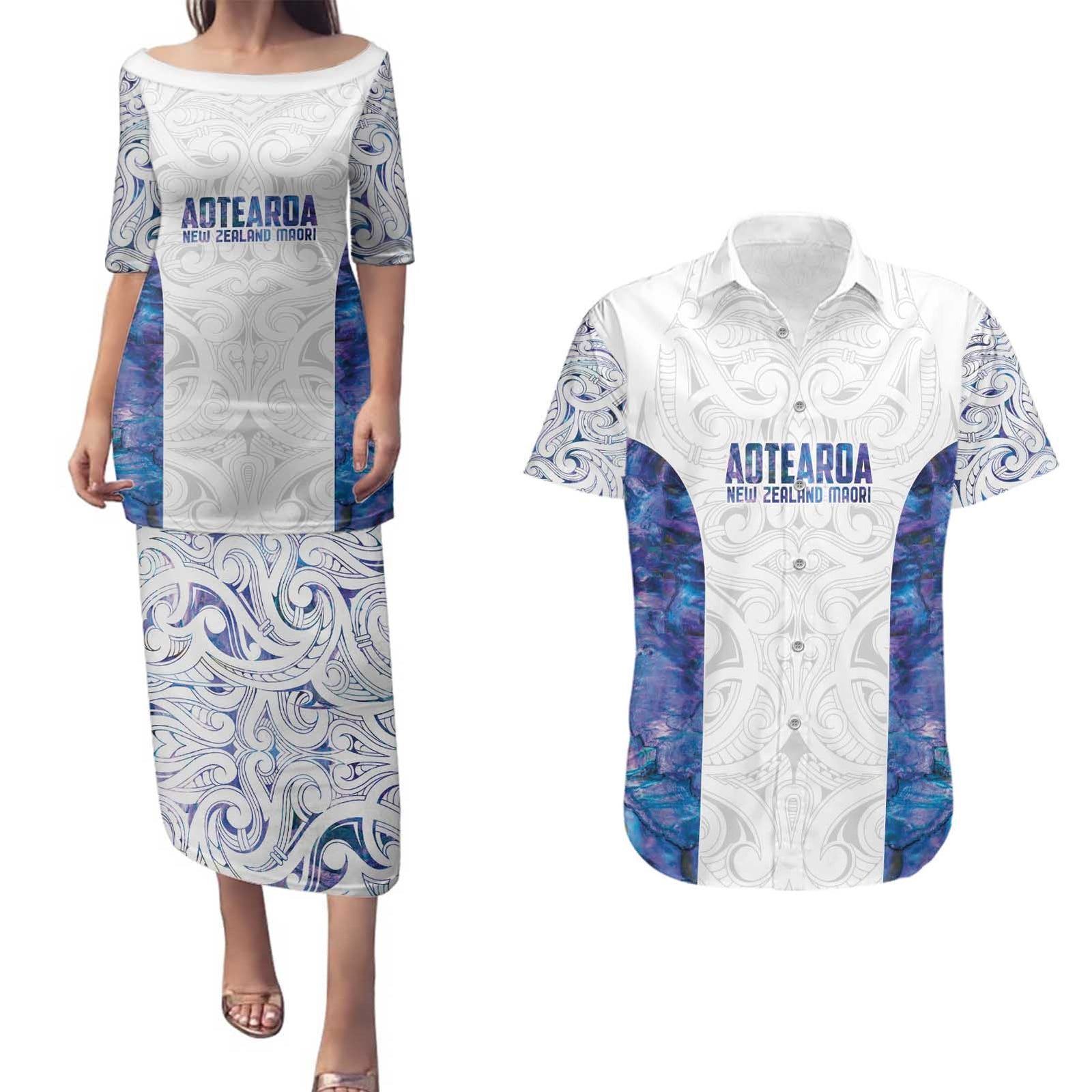 Custom New Zealand Aotearoa Couples Matching Puletasi and Hawaiian Shirt Purple Maori Paua Shell Indigenous - Polynesian Pride