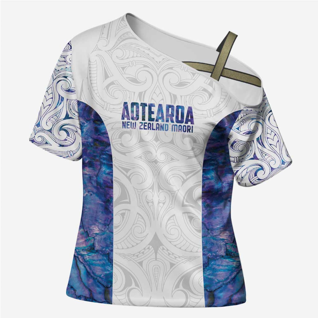 Custom New Zealand Aotearoa Cross Shoulder Shirt Purple Maori Paua Shell Indigenous - Polynesian Pride