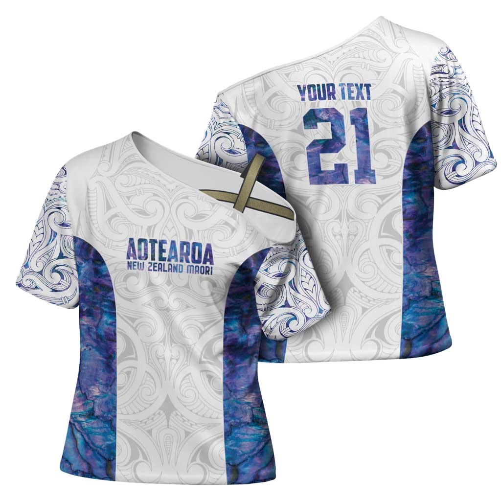 Custom New Zealand Aotearoa Cross Shoulder Shirt Purple Maori Paua Shell Indigenous - Polynesian Pride