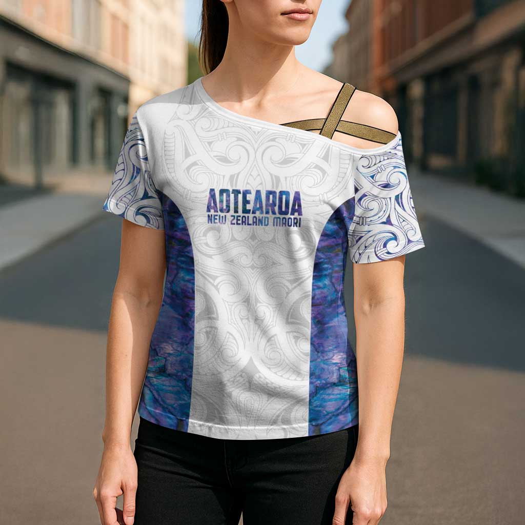 Custom New Zealand Aotearoa Cross Shoulder Shirt Purple Maori Paua Shell Indigenous - Polynesian Pride