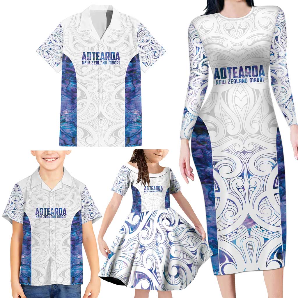 Custom New Zealand Aotearoa Family Matching Long Sleeve Bodycon Dress and Hawaiian Shirt Purple Maori Paua Shell Indigenous LT9 - Polynesian Pride