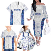 Custom New Zealand Aotearoa Family Matching Off The Shoulder Long Sleeve Dress and Hawaiian Shirt Purple Maori Paua Shell Indigenous LT9 - Polynesian Pride