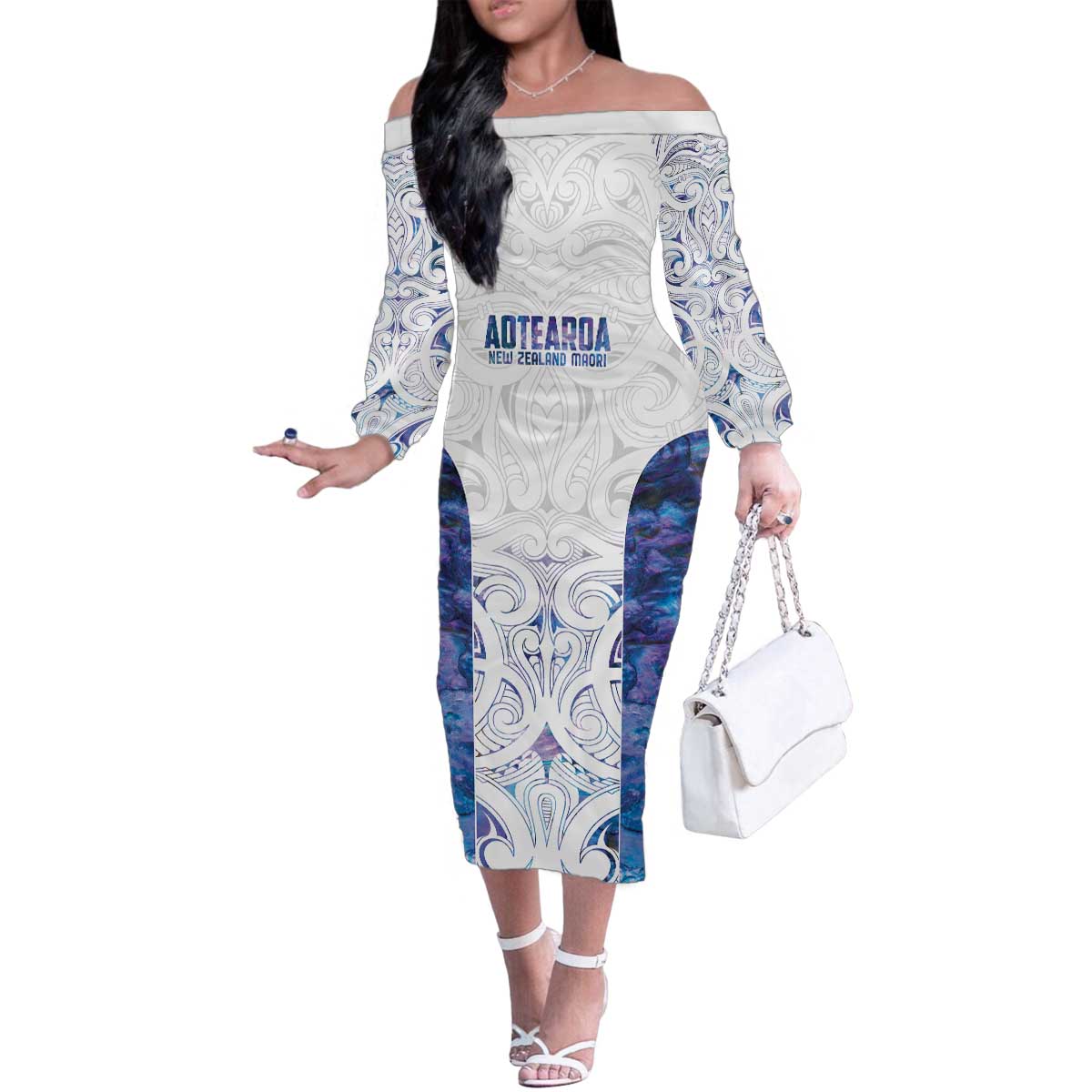 Custom New Zealand Aotearoa Family Matching Off The Shoulder Long Sleeve Dress and Hawaiian Shirt Purple Maori Paua Shell Indigenous LT9 Mom's Dress Purple - Polynesian Pride