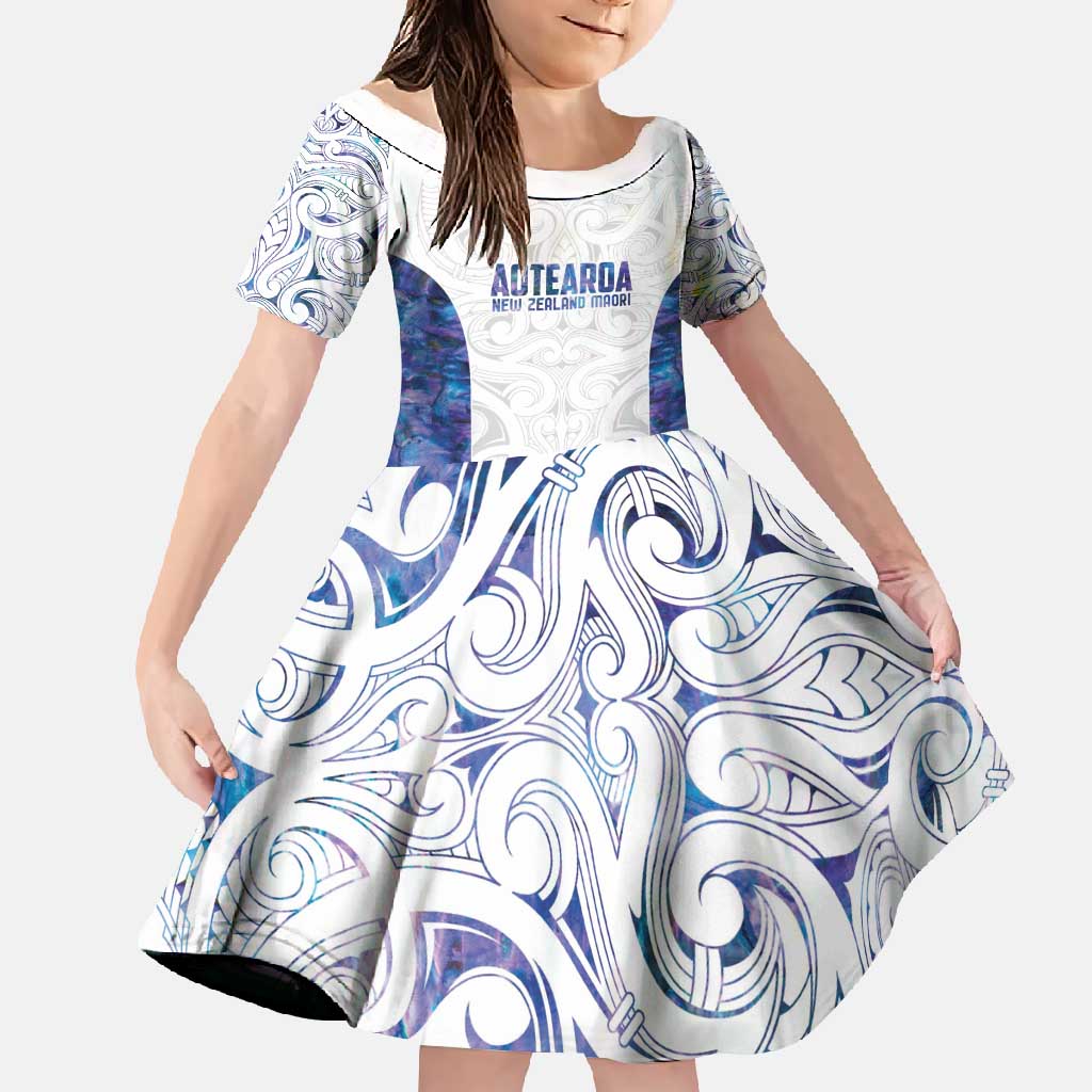 Custom New Zealand Aotearoa Family Matching Off Shoulder Maxi Dress and Hawaiian Shirt Purple Maori Paua Shell Indigenous LT9 Daughter's Dress Purple - Polynesian Pride