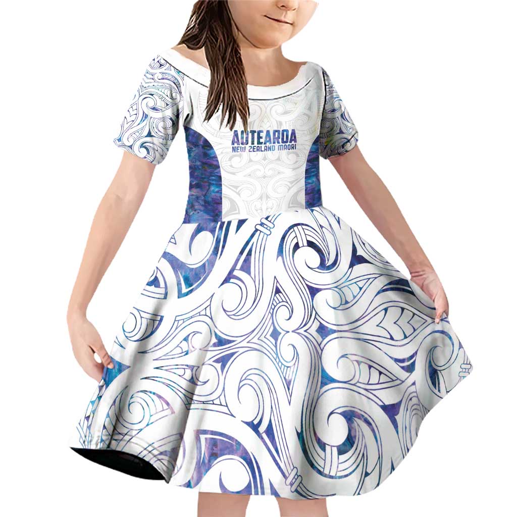 Custom New Zealand Aotearoa Family Matching Off Shoulder Short Dress and Hawaiian Shirt Purple Maori Paua Shell Indigenous LT9 Daughter's Dress Purple - Polynesian Pride