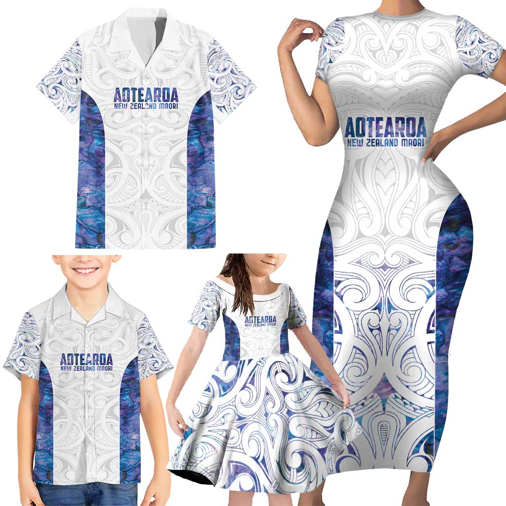 Custom New Zealand Aotearoa Family Matching Short Sleeve Bodycon Dress and Hawaiian Shirt Purple Maori Paua Shell Indigenous LT9 - Polynesian Pride