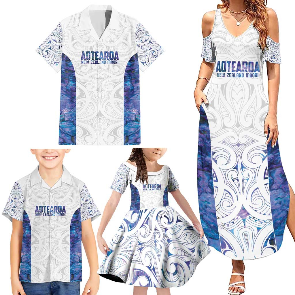 Custom New Zealand Aotearoa Family Matching Summer Maxi Dress and Hawaiian Shirt Purple Maori Paua Shell Indigenous - Polynesian Pride