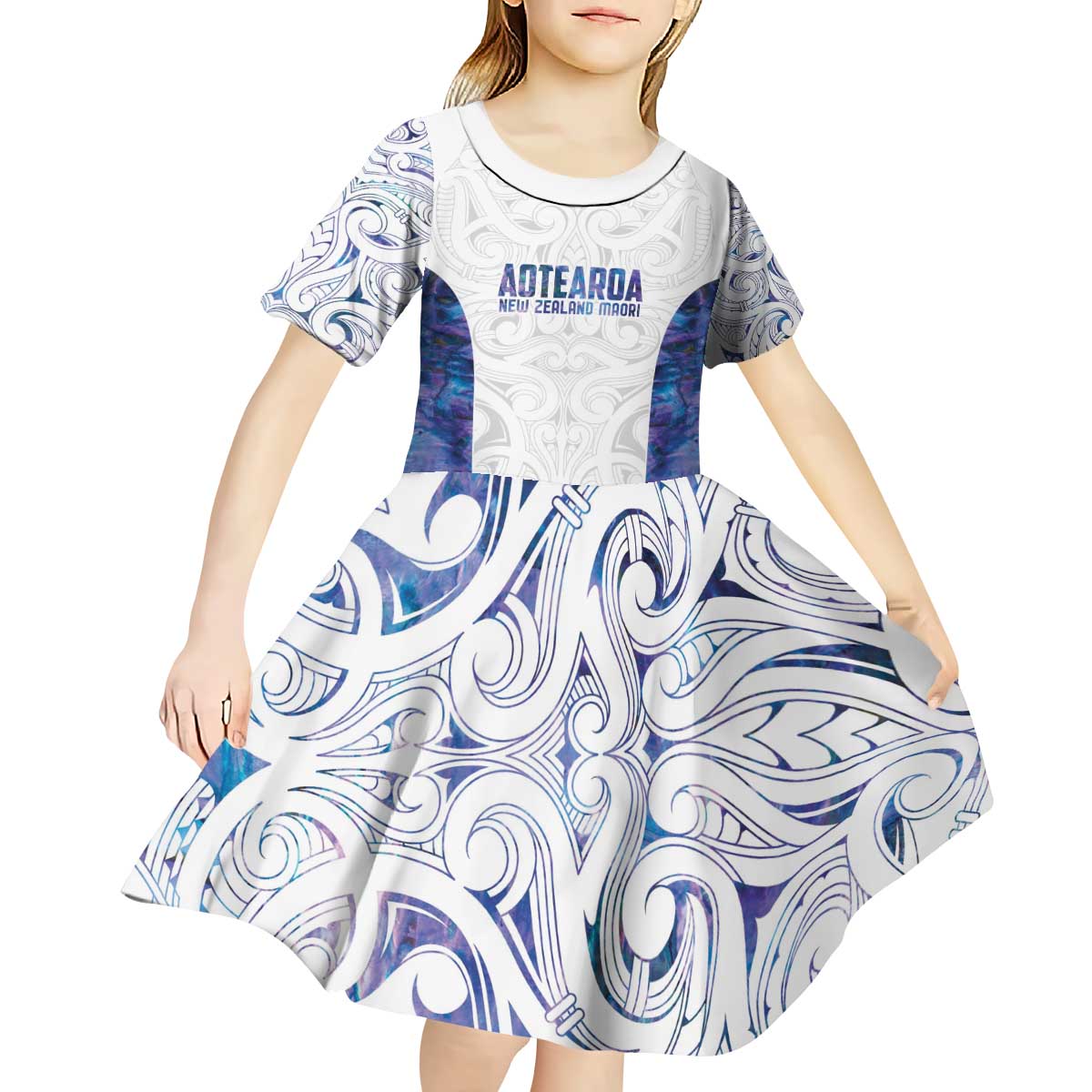 Custom New Zealand Aotearoa Kid Short Sleeve Dress Purple Maori Paua Shell Indigenous LT9 - Polynesian Pride