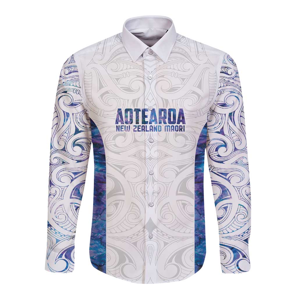 Custom New Zealand Aotearoa Long Sleeve Button Shirt Purple Maori Paua Shell Indigenous - Polynesian Pride