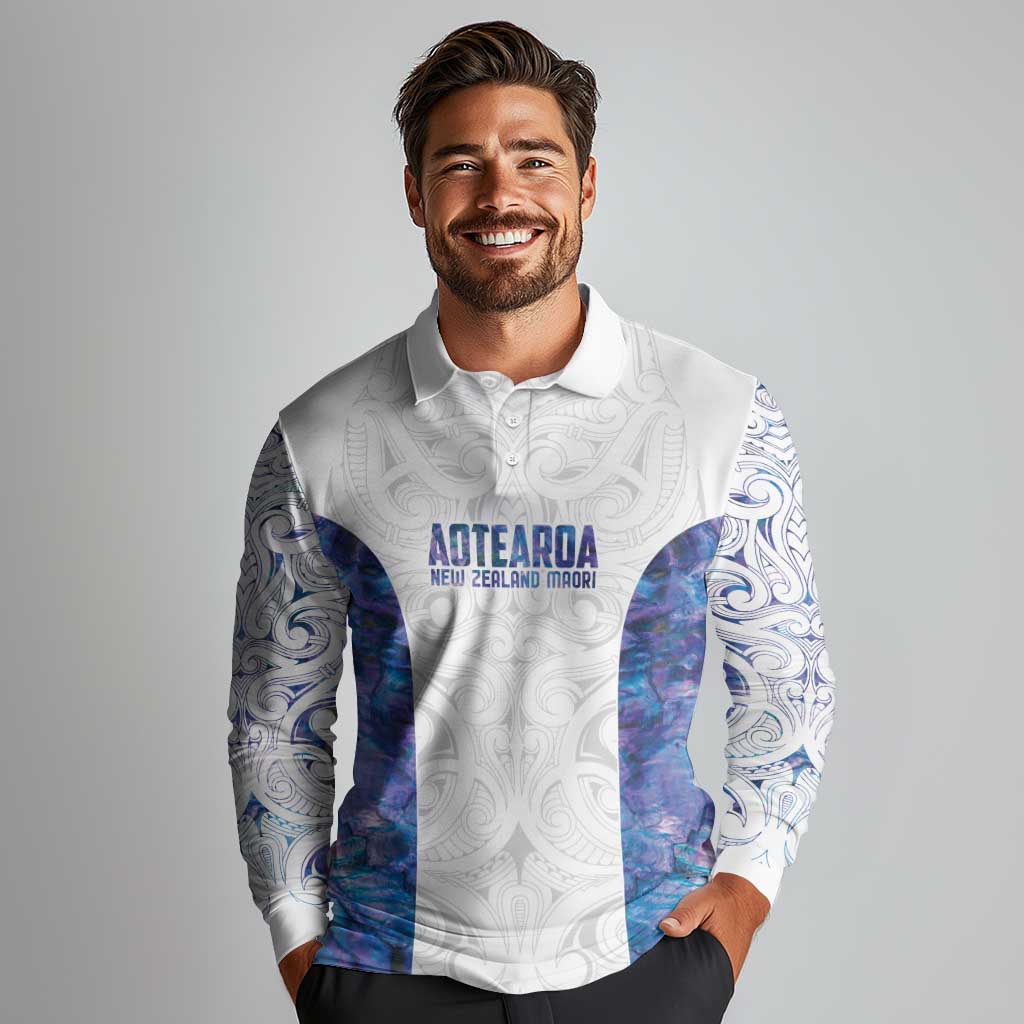 Custom New Zealand Aotearoa Long Sleeve Polo Shirt Purple Maori Paua Shell Indigenous LT9 - Polynesian Pride