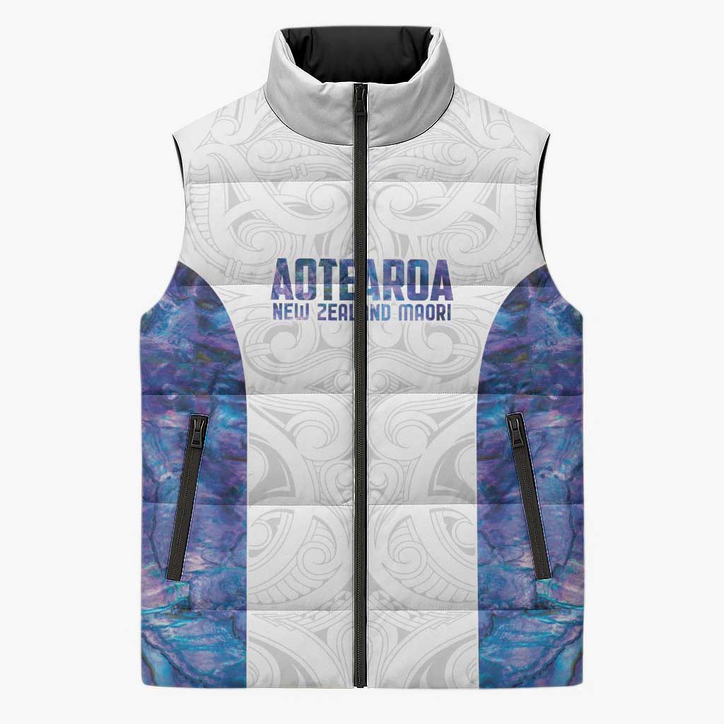 Custom New Zealand Aotearoa Sleeveless Puffer Jacket Purple Maori Paua Shell Indigenous - Polynesian Pride