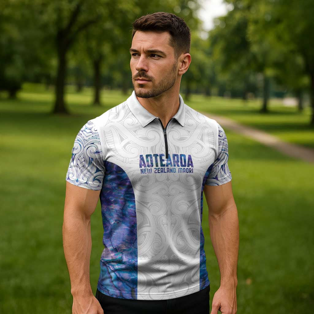 Custom New Zealand Aotearoa Zipper Polo Shirt Purple Maori Paua Shell Indigenous LT9 - Polynesian Pride