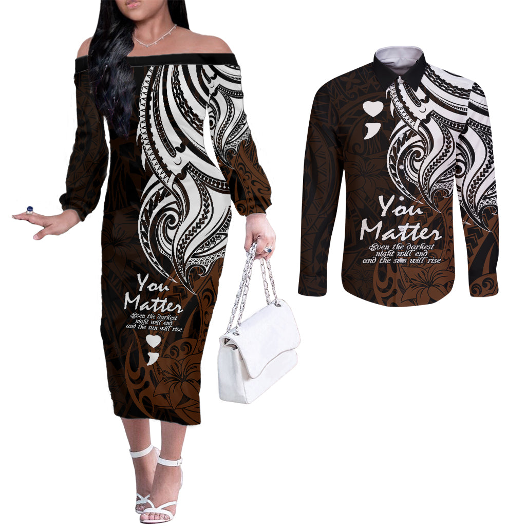 Your Matter Suicide Prevention Couples Matching Off The Shoulder Long Sleeve Dress and Long Sleeve Button Shirts Gold Polynesian Tribal LT9 Gold - Polynesian Pride