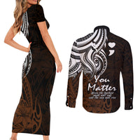 Your Matter Suicide Prevention Couples Matching Short Sleeve Bodycon Dress and Long Sleeve Button Shirts Gold Polynesian Tribal LT9 - Polynesian Pride