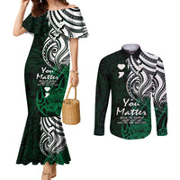 Your Matter Suicide Prevention Couples Matching Mermaid Dress and Long Sleeve Button Shirts Green Polynesian Tribal LT9 Green - Polynesian Pride