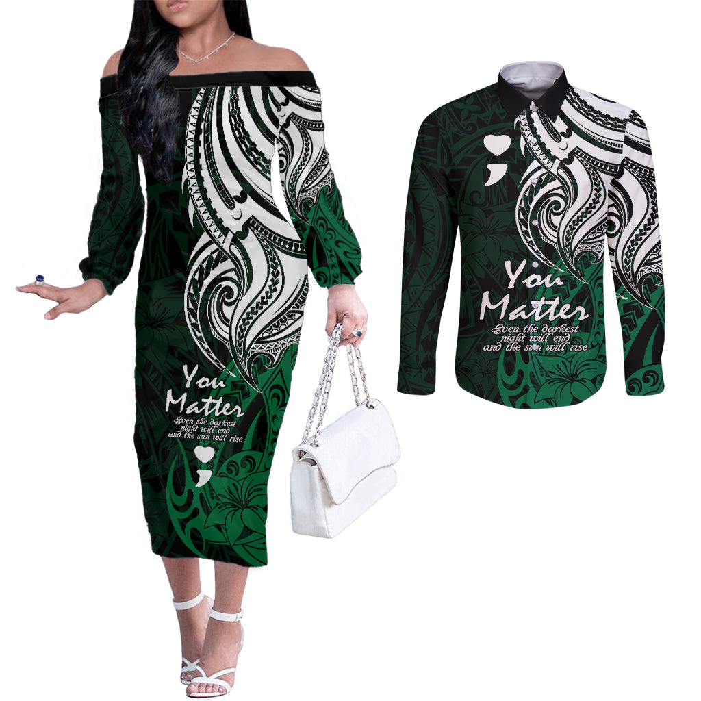 Your Matter Suicide Prevention Couples Matching Off The Shoulder Long Sleeve Dress and Long Sleeve Button Shirts Green Polynesian Tribal LT9 Green - Polynesian Pride