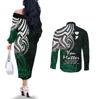 Your Matter Suicide Prevention Couples Matching Off The Shoulder Long Sleeve Dress and Long Sleeve Button Shirts Green Polynesian Tribal LT9 - Polynesian Pride