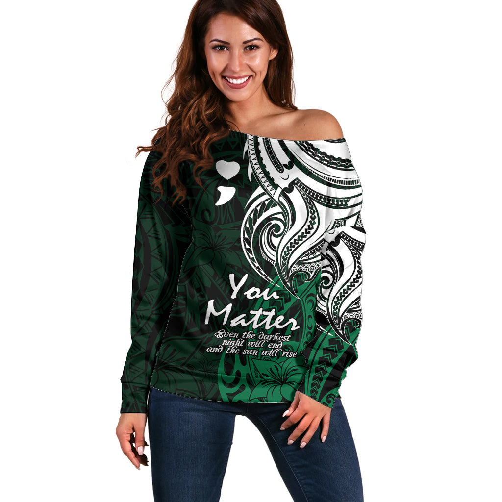 Your Matter Suicide Prevention Off Shoulder Sweater Green Polynesian Tribal LT9 Women Green - Polynesian Pride