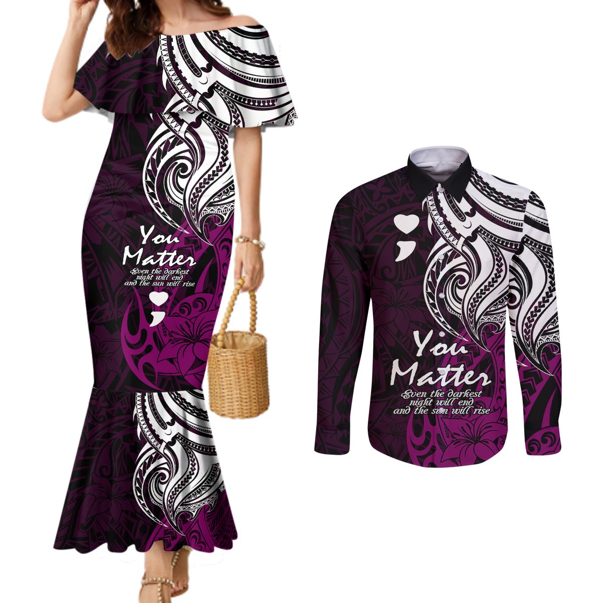 Your Matter Suicide Prevention Couples Matching Mermaid Dress and Long Sleeve Button Shirts Pink Polynesian Tribal LT9 Pink - Polynesian Pride