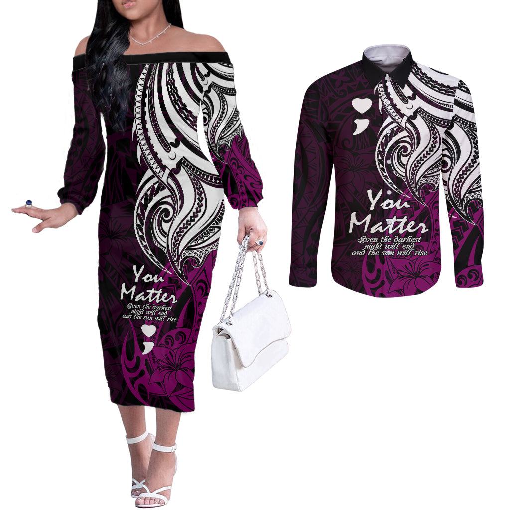 Your Matter Suicide Prevention Couples Matching Off The Shoulder Long Sleeve Dress and Long Sleeve Button Shirts Pink Polynesian Tribal LT9 Pink - Polynesian Pride