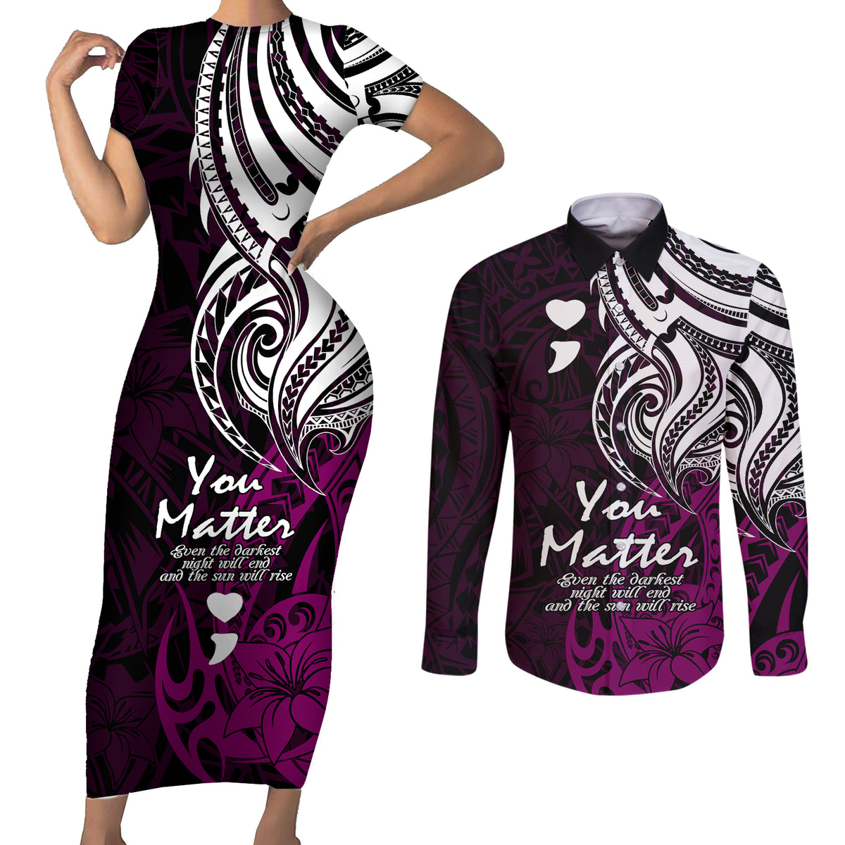 Your Matter Suicide Prevention Couples Matching Short Sleeve Bodycon Dress and Long Sleeve Button Shirts Pink Polynesian Tribal LT9 Pink - Polynesian Pride