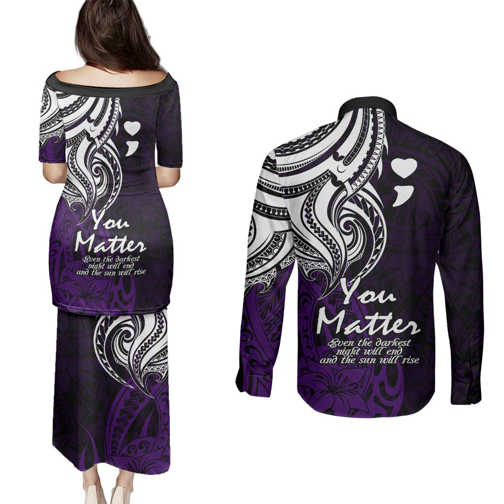 Your Matter Suicide Prevention Couples Matching Puletasi Dress and Long Sleeve Button Shirts Purple Polynesian Tribal LT9 - Polynesian Pride