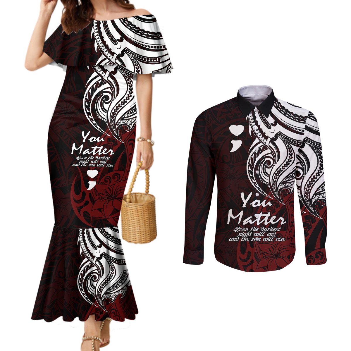 Your Matter Suicide Prevention Couples Matching Mermaid Dress and Long Sleeve Button Shirts Red Polynesian Tribal LT9 Red - Polynesian Pride