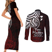 Your Matter Suicide Prevention Couples Matching Short Sleeve Bodycon Dress and Long Sleeve Button Shirts Red Polynesian Tribal LT9 - Polynesian Pride