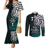 Your Matter Suicide Prevention Couples Matching Mermaid Dress and Long Sleeve Button Shirts Turqoise Polynesian Tribal LT9 Turquoise - Polynesian Pride
