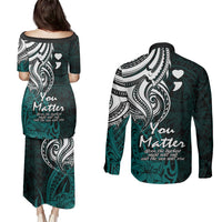 Your Matter Suicide Prevention Couples Matching Puletasi Dress and Long Sleeve Button Shirts Turqoise Polynesian Tribal LT9 - Polynesian Pride