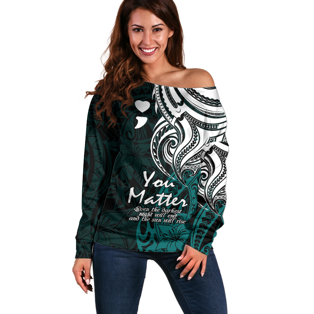 Your Matter Suicide Prevention Off Shoulder Sweater Turqoise Polynesian Tribal LT9 Women Turquoise - Polynesian Pride