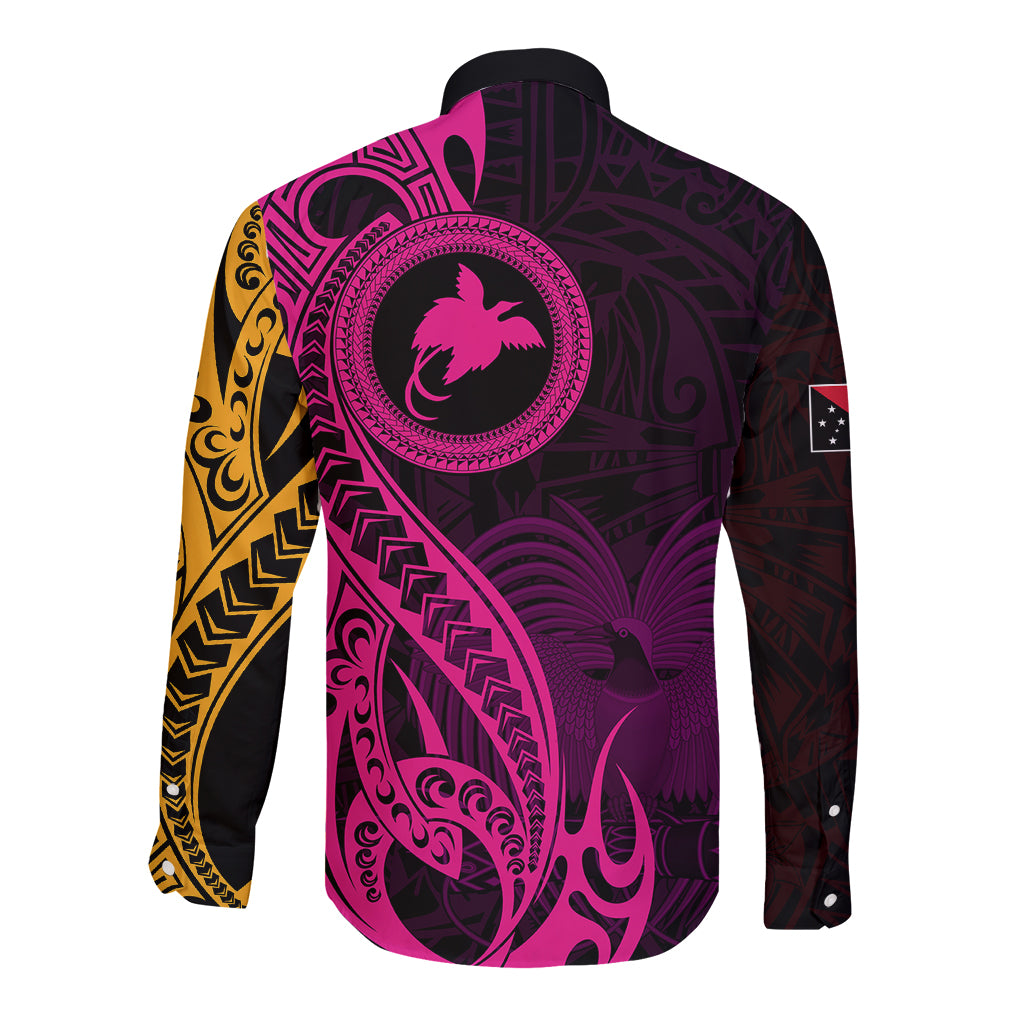 Papua New Guinea Island Long Sleeve Button Shirt Bird of Paradise with Gold Polynesian Tribal LT9 - Polynesian Pride