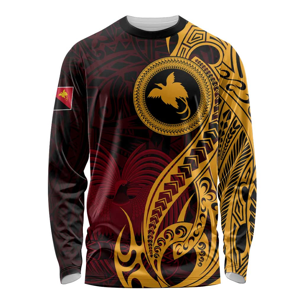 Papua New Guinea Island Long Sleeve Shirt Bird of Paradise with Gold Polynesian Tribal LT9