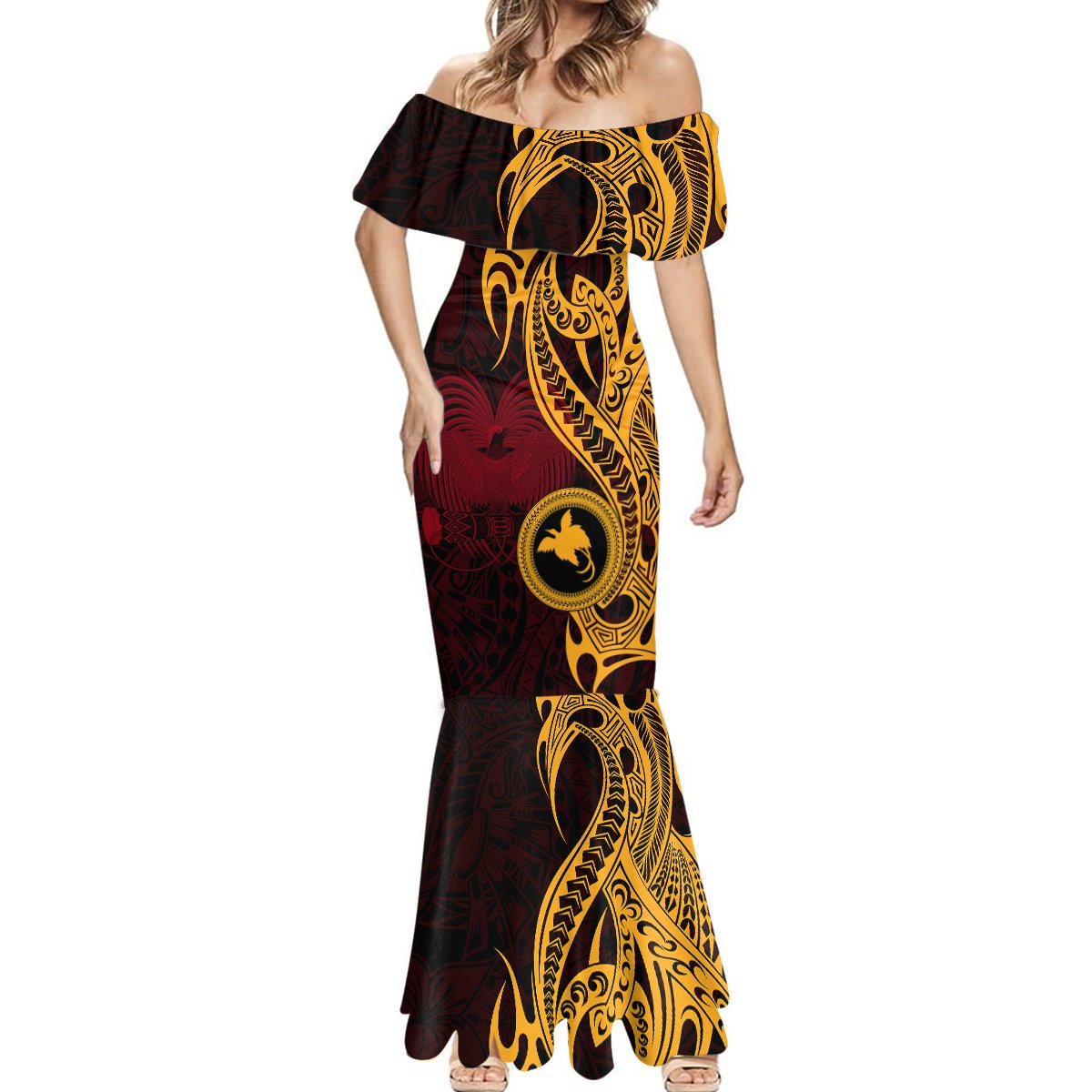 Papua New Guinea Island Mermaid Dress Bird of Paradise with Gold Polynesian Tribal LT9 - Polynesian Pride