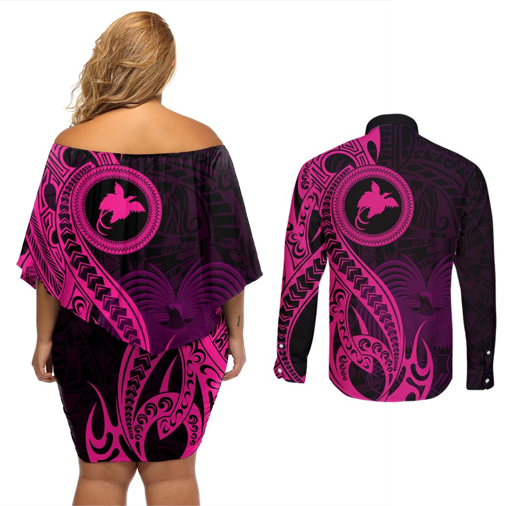 Papua New Guinea Island Couples Matching Off Shoulder Short Dress and Long Sleeve Button Shirts Bird of Paradise with Pink Polynesian Tribal LT9 - Polynesian Pride