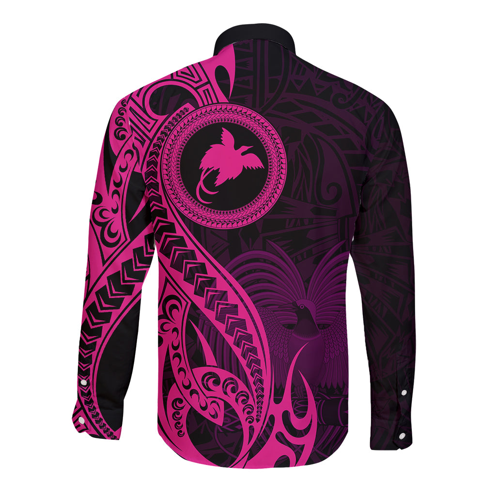 Papua New Guinea Island Long Sleeve Button Shirt Bird of Paradise with Pink Polynesian Tribal LT9 - Polynesian Pride