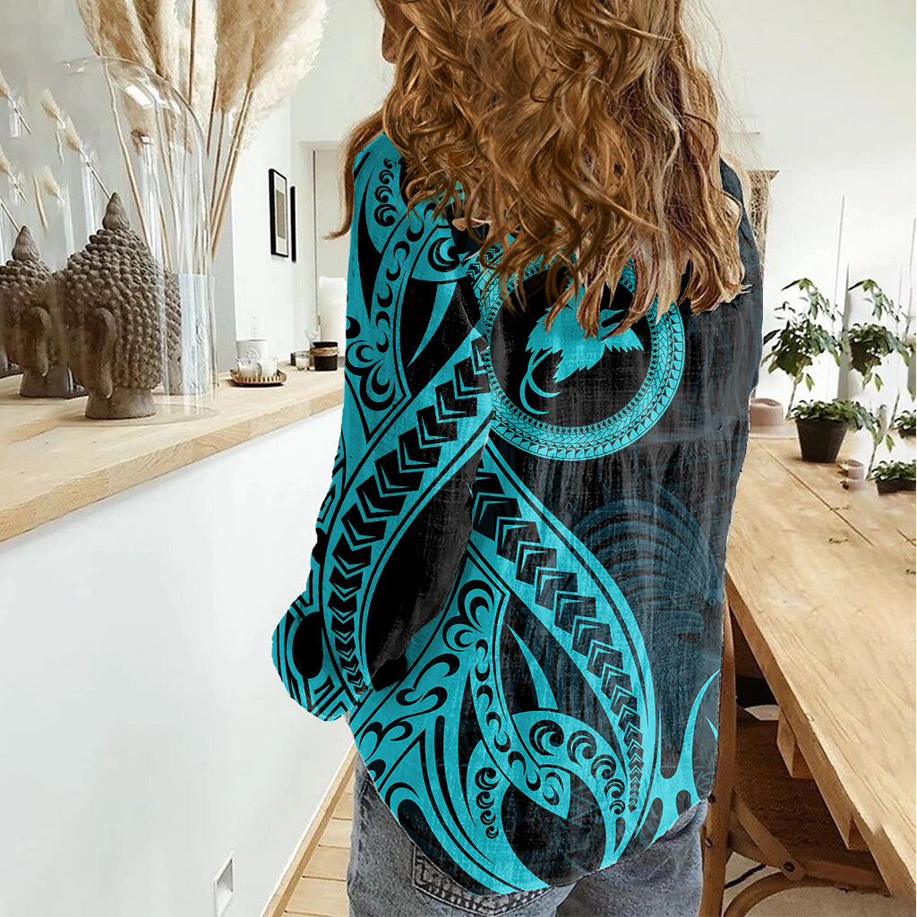 Papua New Guinea Island Women Casual Shirt Bird of Paradise with Aqua Polynesian Tribal LT9 - Polynesian Pride