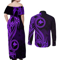 Papua New Guinea Island Couples Matching Off Shoulder Maxi Dress and Long Sleeve Button Shirts Bird of Paradise with Purple Polynesian Tribal LT9 - Polynesian Pride