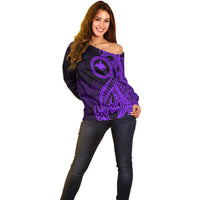 Papua New Guinea Island Off Shoulder Sweater Bird of Paradise with Purple Polynesian Tribal LT9 - Polynesian Pride