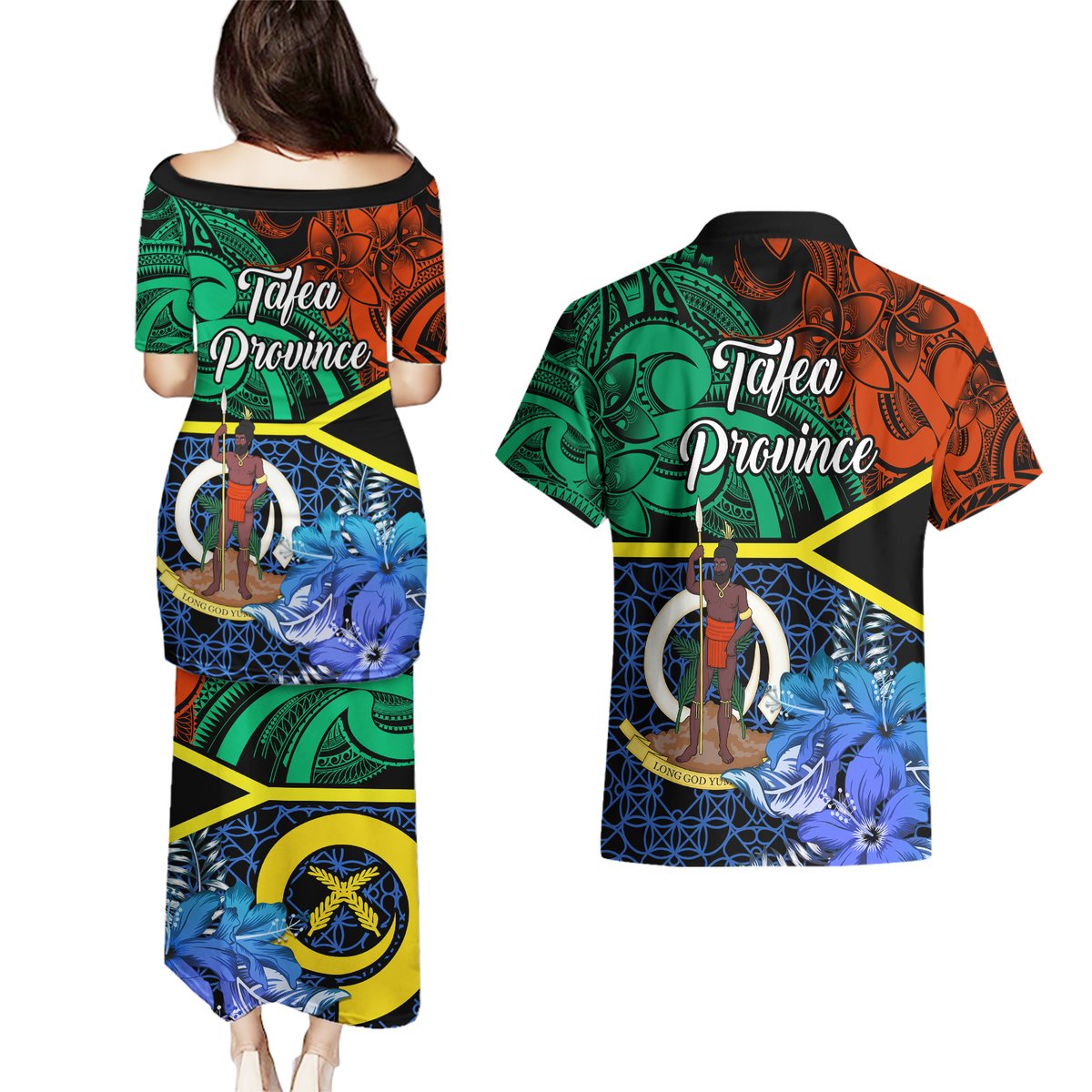 tafea-day-couples-matching-puletasi-dress-and-hawaiian-shirt-vanuatu-sand-drawing-with-polynesian-pattern