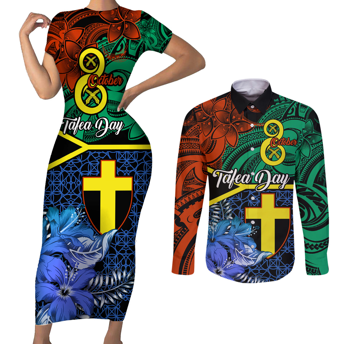 tafea-day-couples-matching-short-sleeve-bodycon-dress-and-long-sleeve-button-shirts-vanuatu-sand-drawing-with-polynesian-pattern