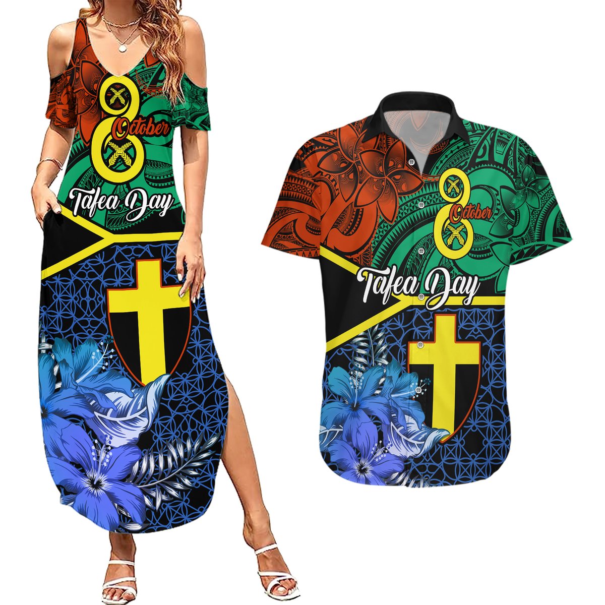 tafea-day-couples-matching-summer-maxi-dress-and-hawaiian-shirt-vanuatu-sand-drawing-with-polynesian-pattern
