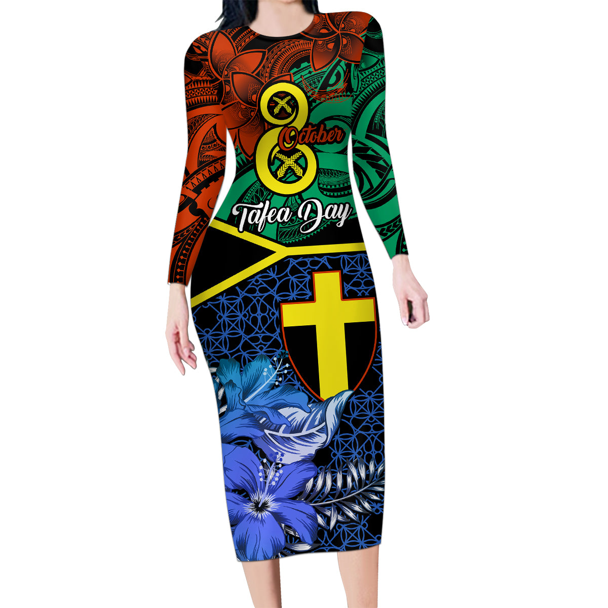 Tafea Day Family Matching Long Sleeve Bodycon Dress and Hawaiian Shirt Vanuatu Sand Drawing With Polynesian Pattern LT9 Mom's Dress Blue - Polynesian Pride