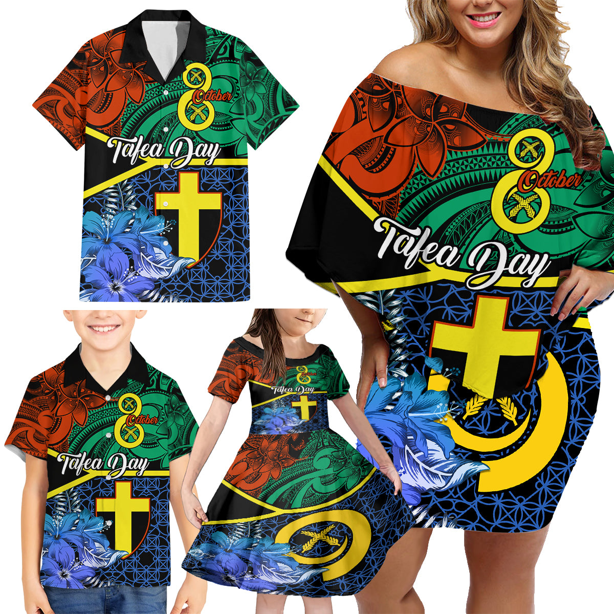 Tafea Day Family Matching Off Shoulder Short Dress and Hawaiian Shirt Vanuatu Sand Drawing With Polynesian Pattern LT9 - Polynesian Pride